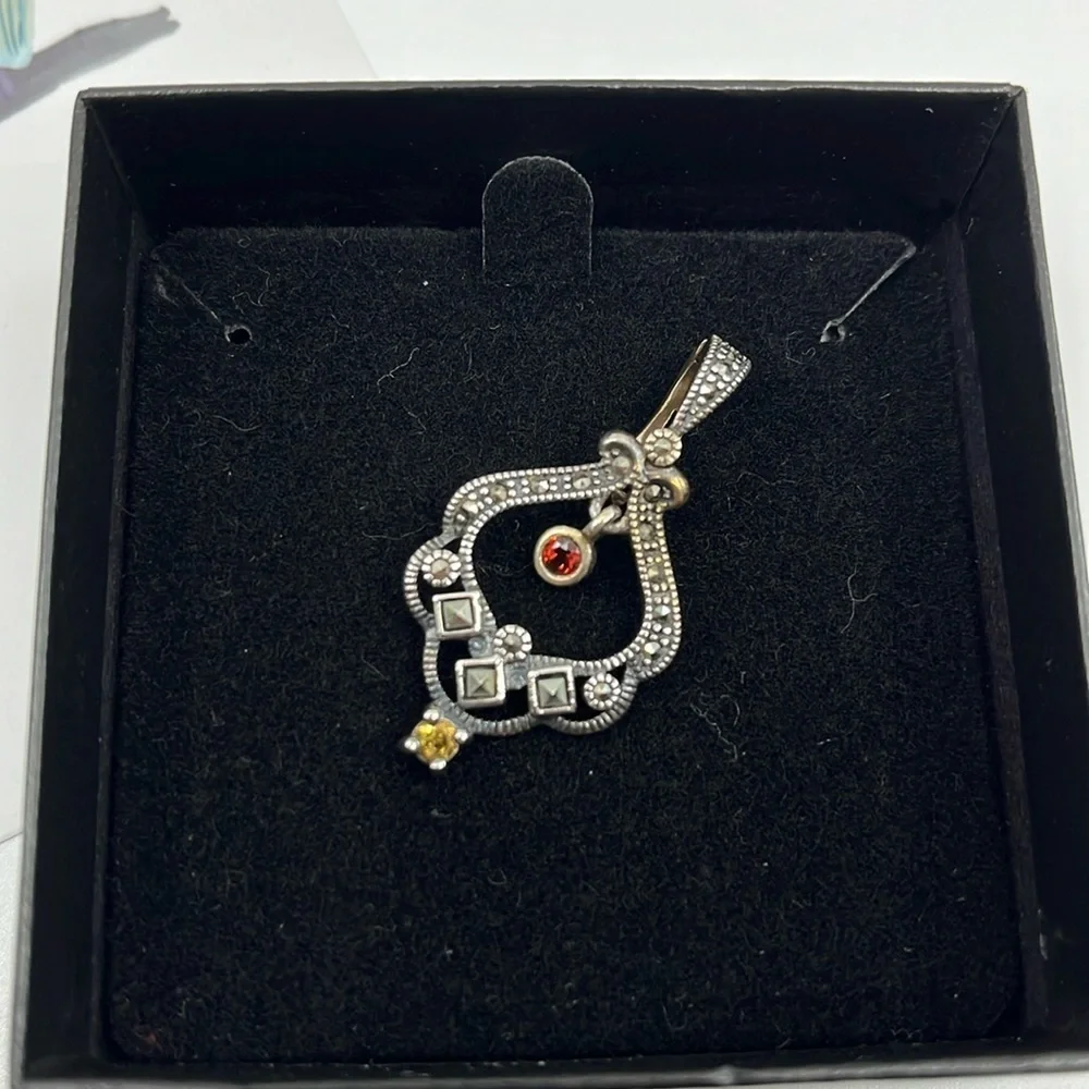 Vintage ✨ Sterling Silver Beaded Adjustable Necklace with Marcasite Pendant 💎 - Picture 3 of 14